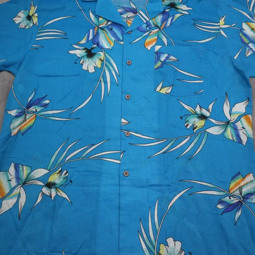 Shore Things Shirt Mens L Blue Floral Hawaiian Button Up Short Sleeve Casual